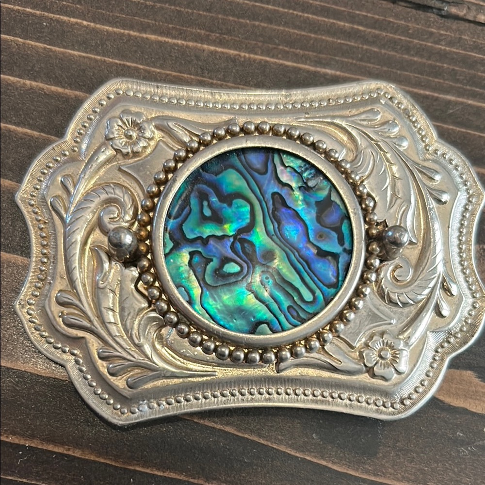 Vintage Belt Buckle Set with Abalone and Silver Tones - Picture 8 of 9